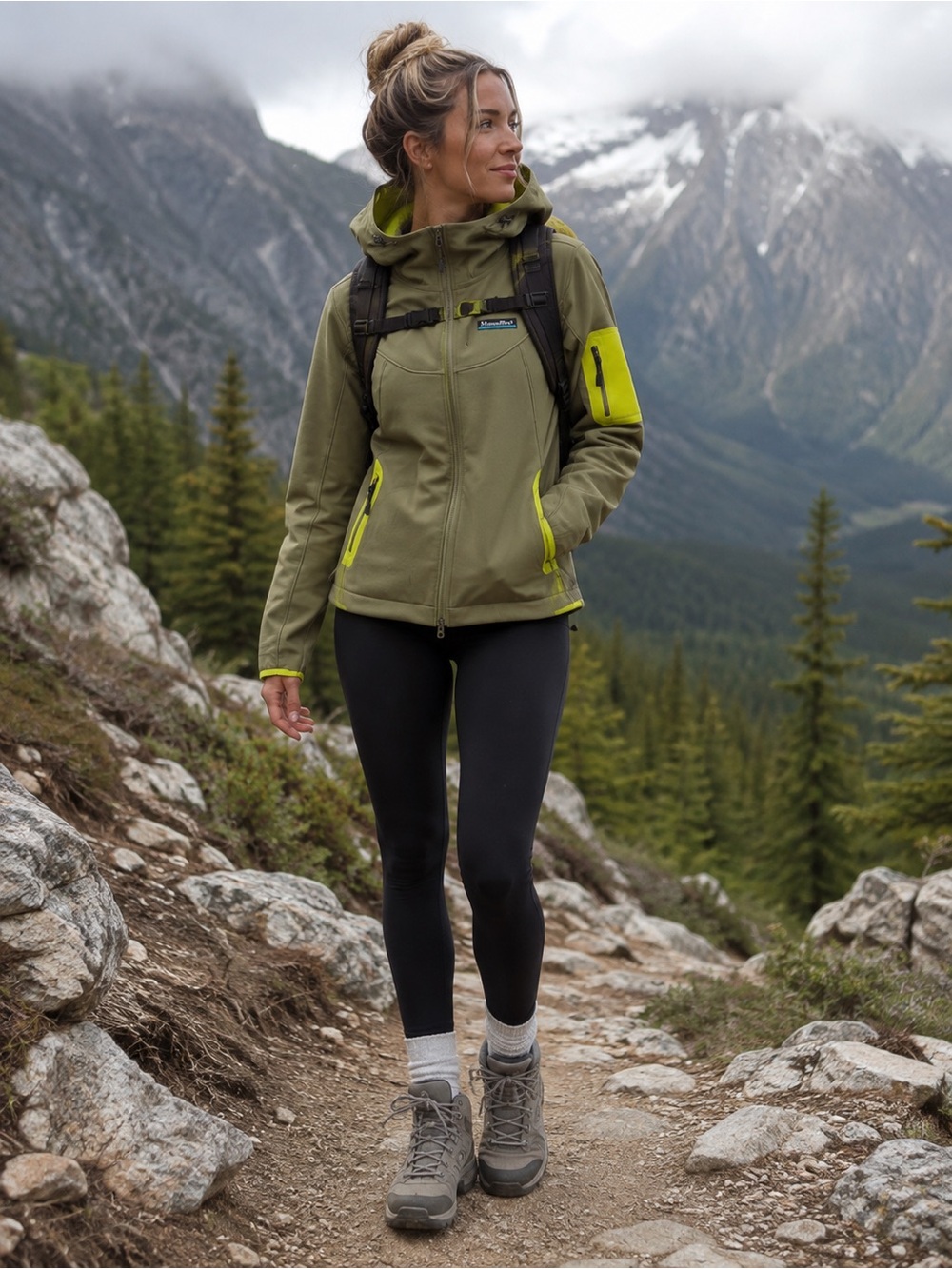 Moosejaw Olive Green Softshell Hooded Jacket in Olive Green / Chartreuse Lime.